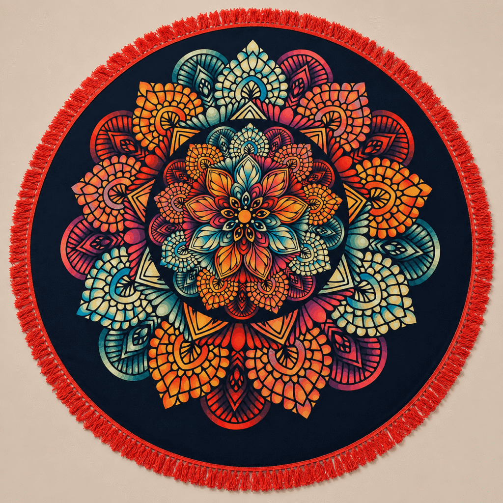 Manta Coral decorativa con diseño mandala y flecos