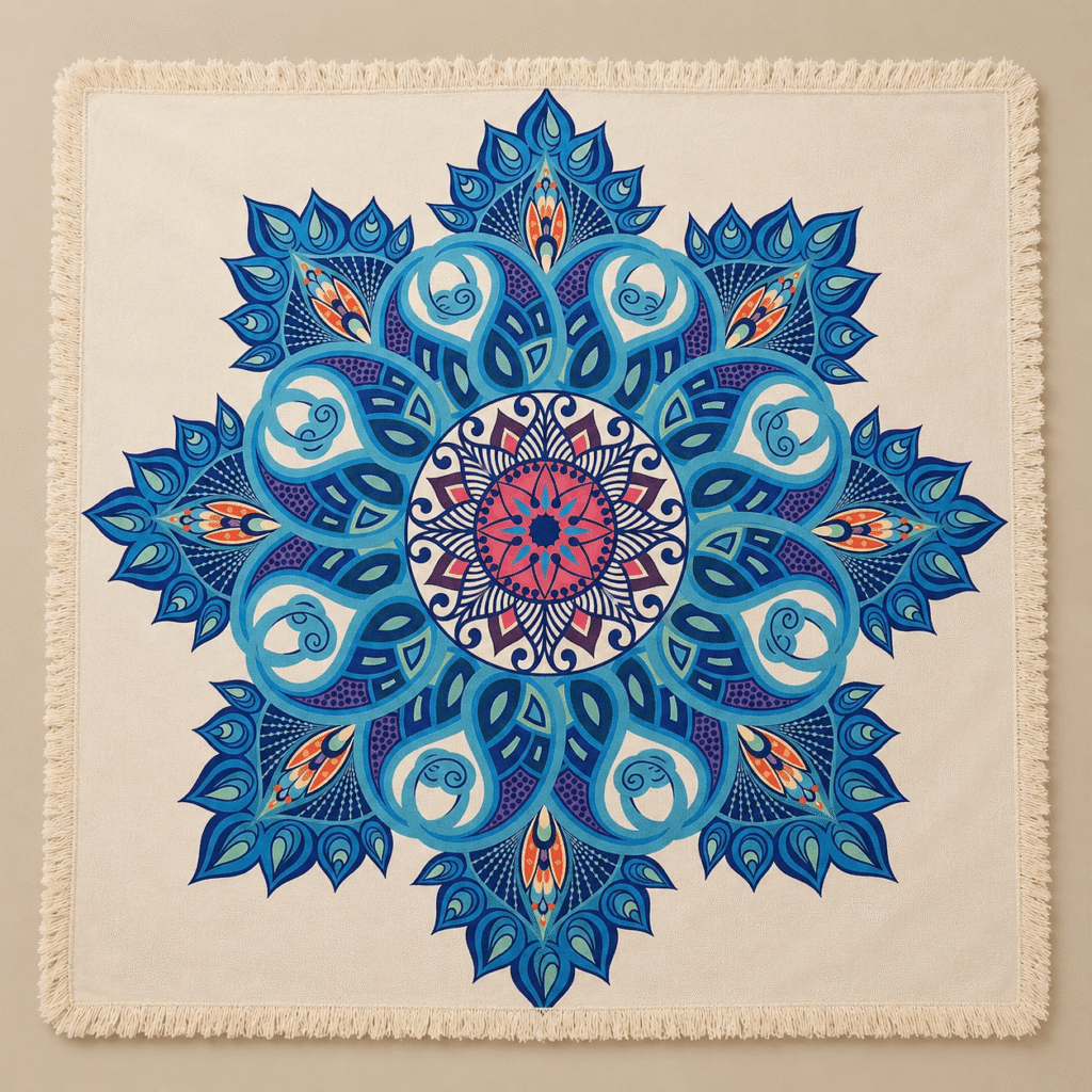Manta Índigo decorativa con diseño mandala azul